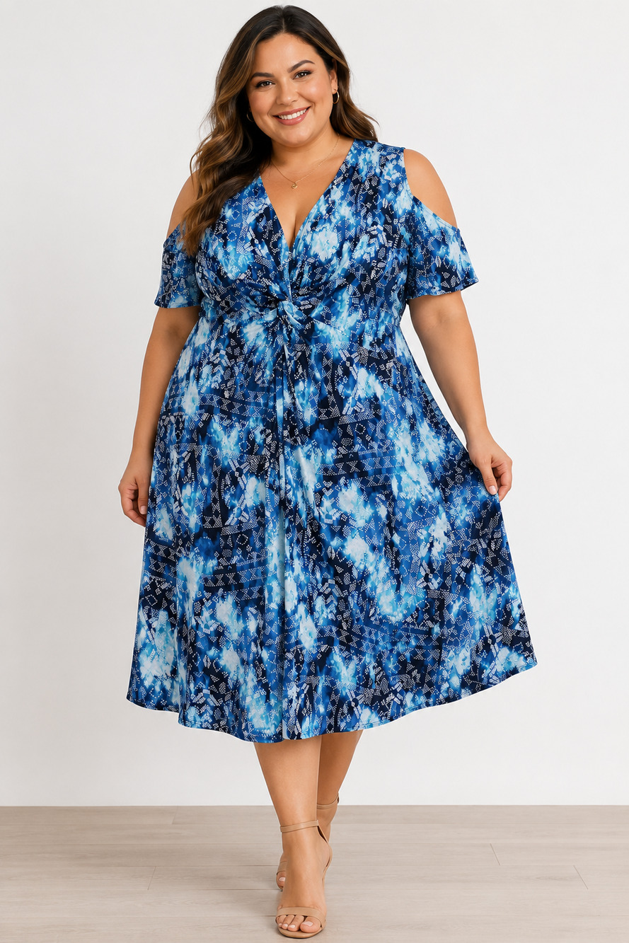 Catherines Women's Plus Dress Size 3X Blue Cold Shoulder Twisted Front Stretch